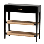 Bayur Wood Console Table with Drawer and Woven Rope Shelves – Black / Natural Brown / Brass, 1-Unit