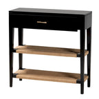 Bayur Wood Console Table with Drawer and Woven Rope Shelves – Black / Natural Brown / Brass, 1-Unit