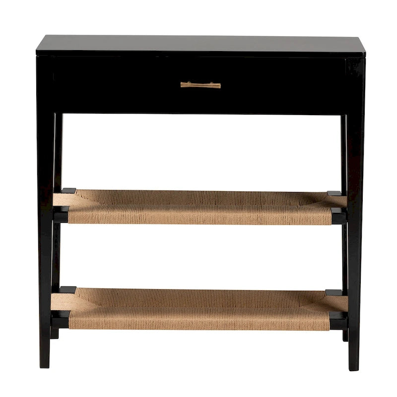 Bayur Wood Console Table with Drawer and Woven Rope Shelves – Black / Natural Brown / Brass, 1-Unit