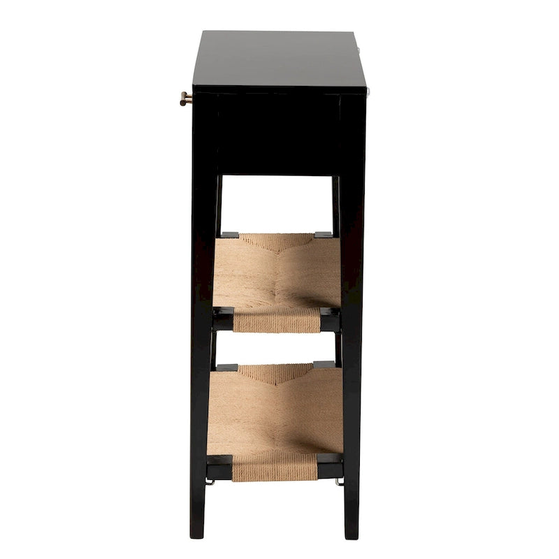 Bayur Wood Console Table with Drawer and Woven Rope Shelves – Black / Natural Brown / Brass, 1-Unit