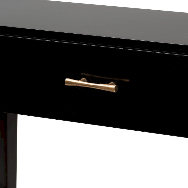 Bayur Wood Console Table with Drawer and Woven Rope Shelves – Black / Natural Brown / Brass, 1-Unit