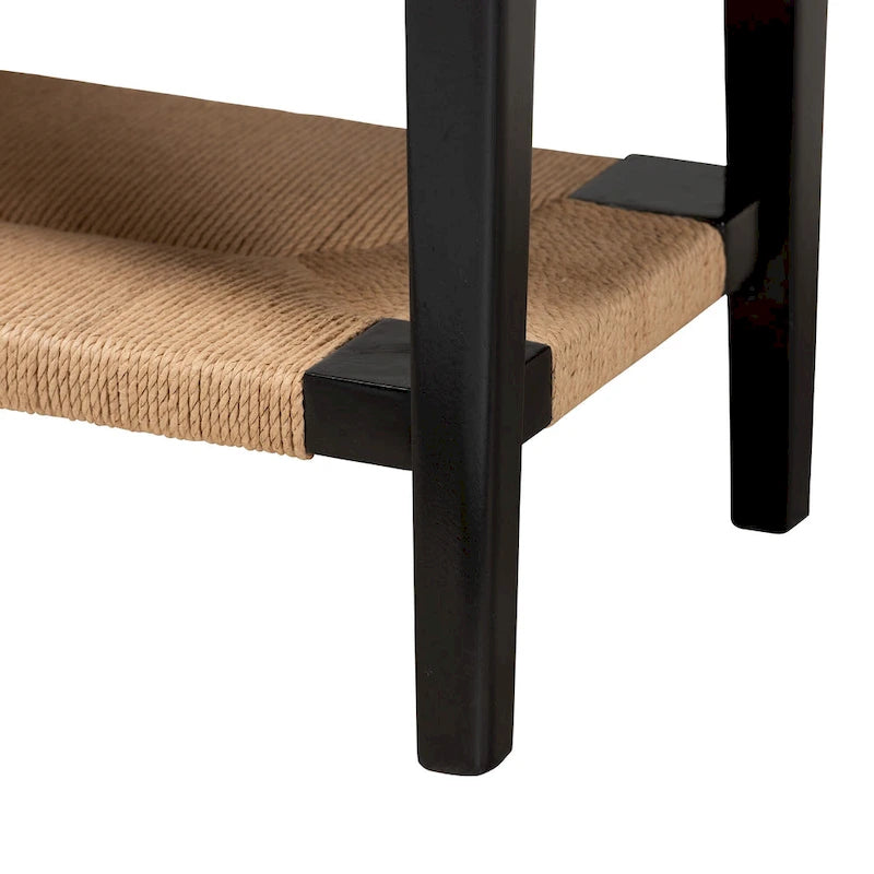 Bayur Wood Console Table with Drawer and Woven Rope Shelves – Black / Natural Brown / Brass, 1-Unit