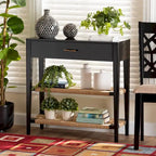 Bayur Wood Console Table with Drawer and Woven Rope Shelves – Black / Natural Brown / Brass, 1-Unit