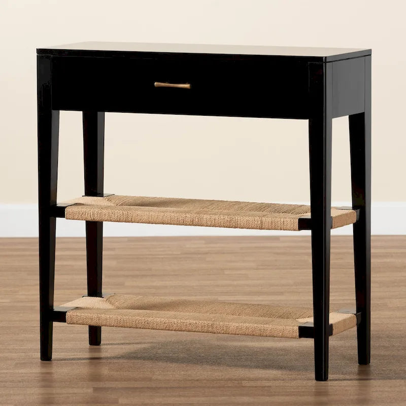 Bayur Wood Console Table with Drawer and Woven Rope Shelves – Black / Natural Brown / Brass, 1-Unit
