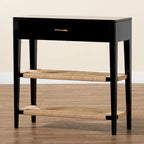 Bayur Wood Console Table with Drawer and Woven Rope Shelves – Black / Natural Brown / Brass, 1-Unit