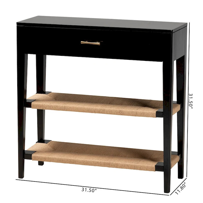 Bayur Wood Console Table with Drawer and Woven Rope Shelves – Black / Natural Brown / Brass, 1-Unit