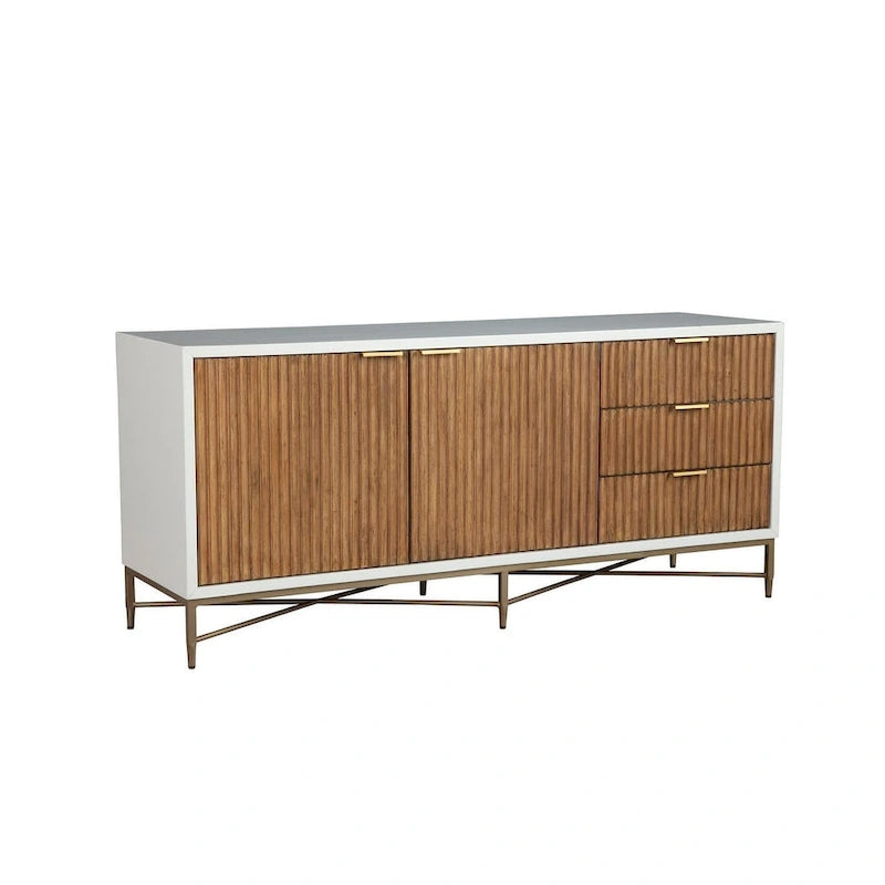 TV Console with Textured Solid Wood Drawer Faces, Gold Legs and Felt-Lined Drawers – White, 64", 1-Person Use