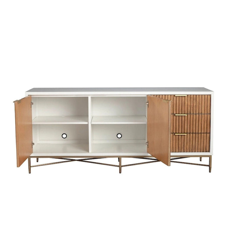 TV Console with Textured Solid Wood Drawer Faces, Gold Legs and Felt-Lined Drawers – White, 64", 1-Person Use