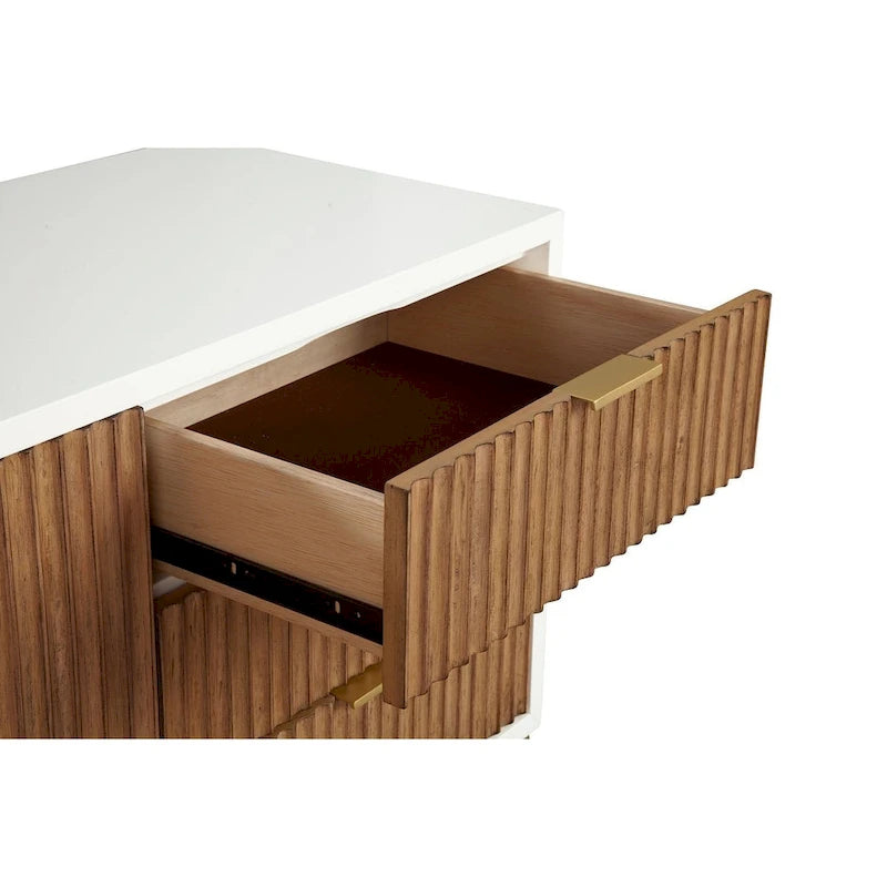 TV Console with Textured Solid Wood Drawer Faces, Gold Legs and Felt-Lined Drawers – White, 64", 1-Person Use