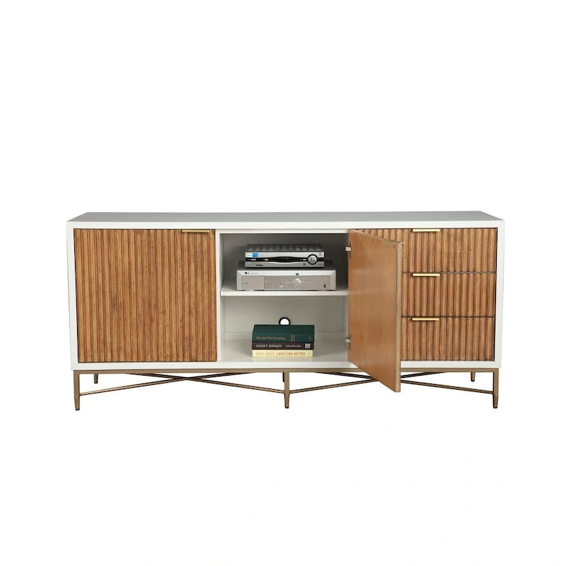 TV Console with Textured Solid Wood Drawer Faces, Gold Legs and Felt-Lined Drawers – White, 64", 1-Person Use