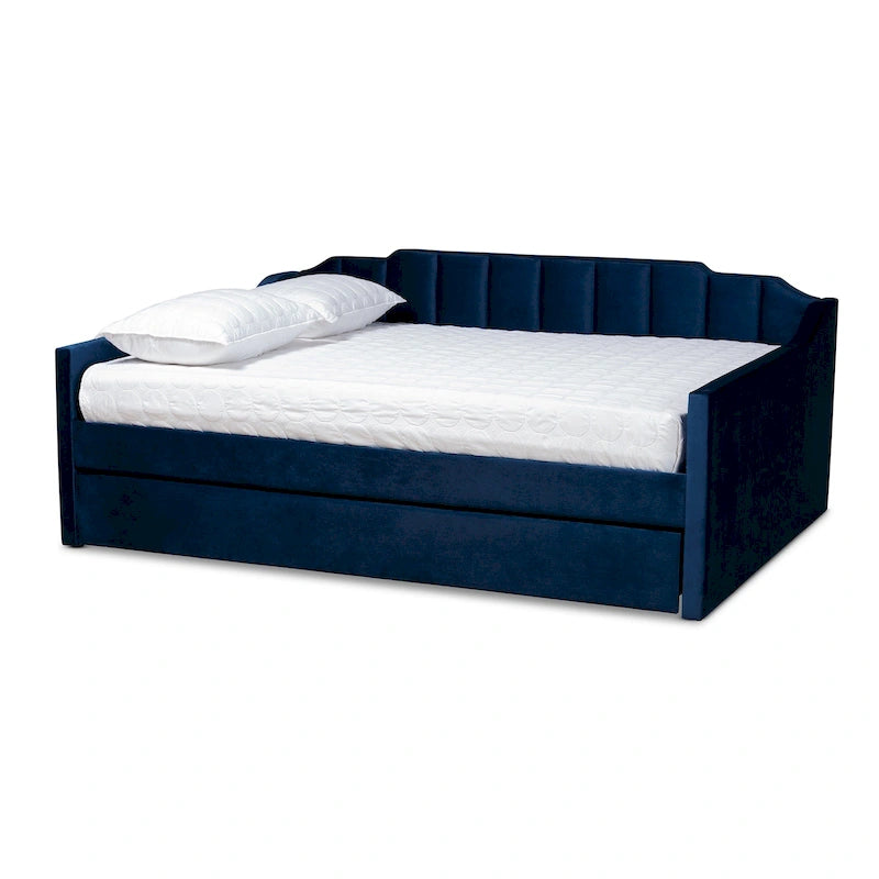 Channel-Tufted Velvet Daybed with Pull-Out Trundle – Pink / Navy / Grey, Twin / Full / Queen, 1-2 Person Use