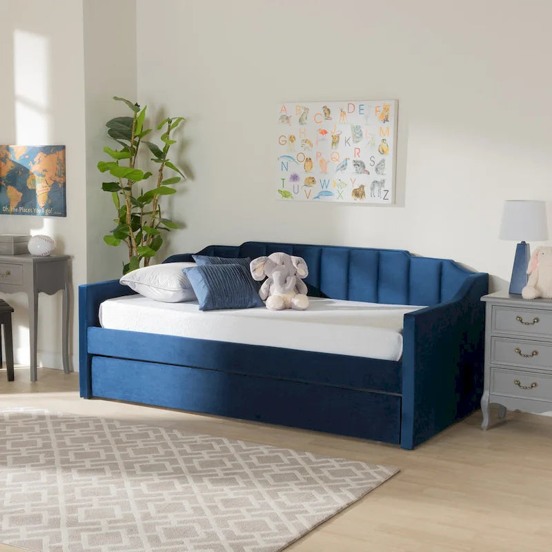 Channel-Tufted Velvet Daybed with Pull-Out Trundle – Pink / Navy / Grey, Twin / Full / Queen, 1-2 Person Use