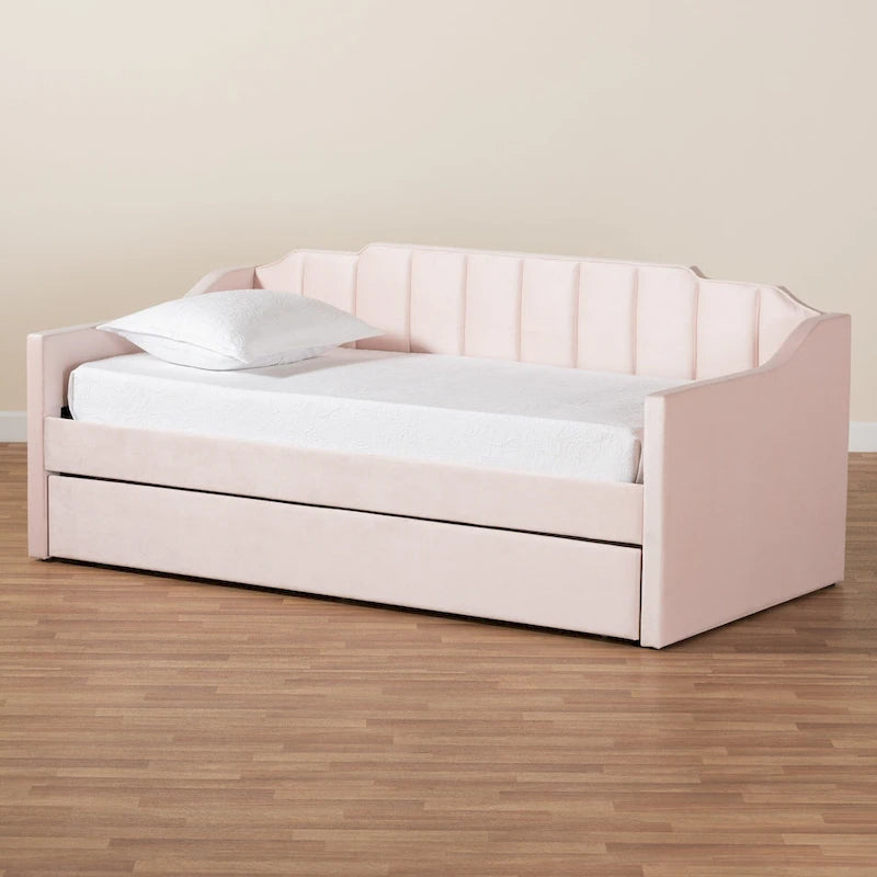 Channel-Tufted Velvet Daybed with Pull-Out Trundle – Pink / Navy / Grey, Twin / Full / Queen, 1-2 Person Use
