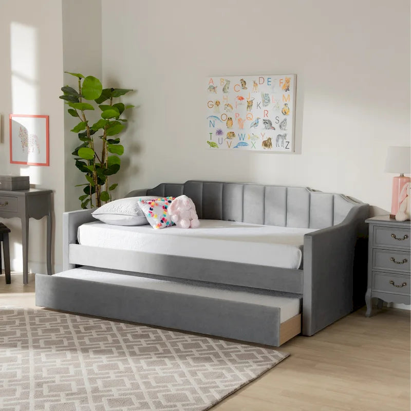 Channel-Tufted Velvet Daybed with Pull-Out Trundle – Pink / Navy / Grey, Twin / Full / Queen, 1-2 Person Use