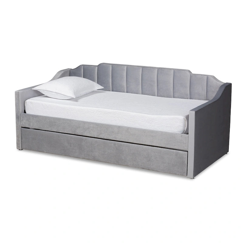 Channel-Tufted Velvet Daybed with Pull-Out Trundle – Pink / Navy / Grey, Twin / Full / Queen, 1-2 Person Use