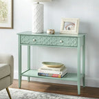 MDF Console Table with Geometric Drawer and Open Shelf – White / Blush Pink / Mint, 1-Unit