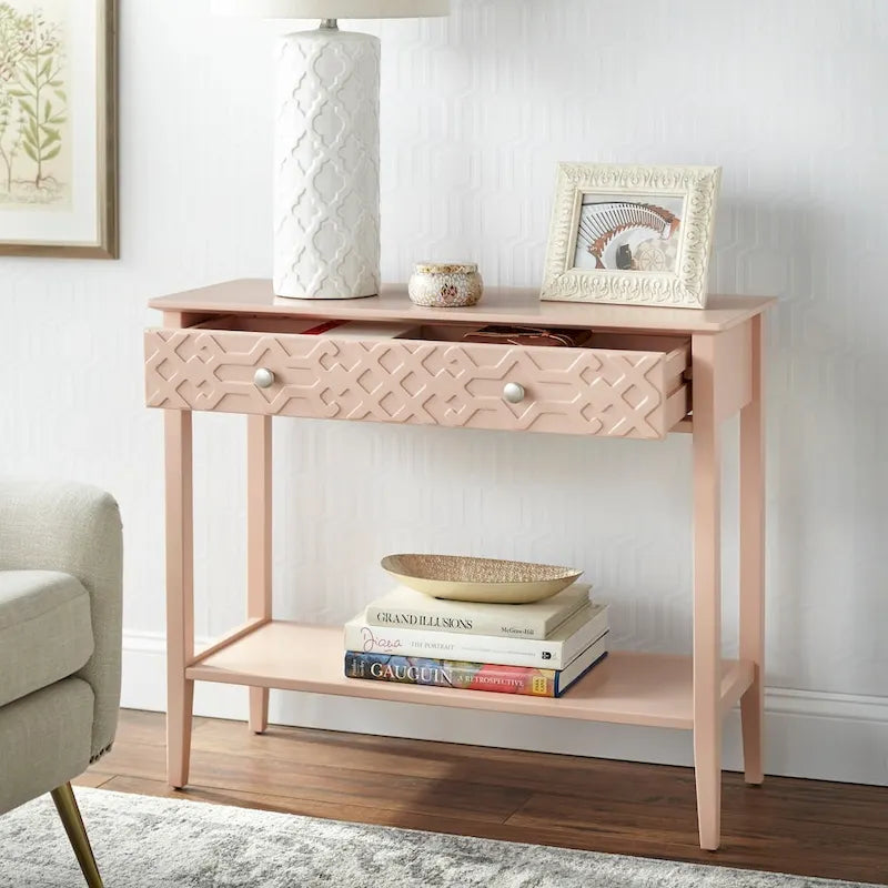MDF Console Table with Geometric Drawer and Open Shelf – White / Blush Pink / Mint, 1-Unit