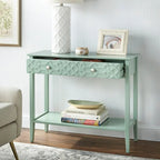 MDF Console Table with Geometric Drawer and Open Shelf – White / Blush Pink / Mint, 1-Unit
