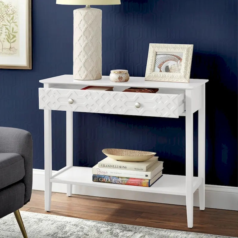 MDF Console Table with Geometric Drawer and Open Shelf – White / Blush Pink / Mint, 1-Unit