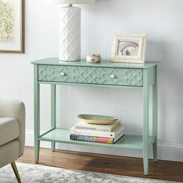 MDF Console Table with Geometric Drawer and Open Shelf – White / Blush Pink / Mint, 1-Unit