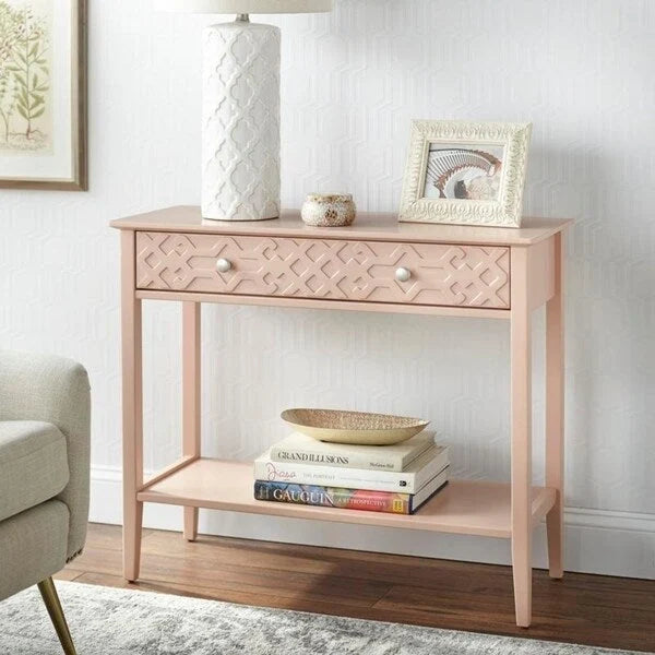 MDF Console Table with Geometric Drawer and Open Shelf – White / Blush Pink / Mint, 1-Unit