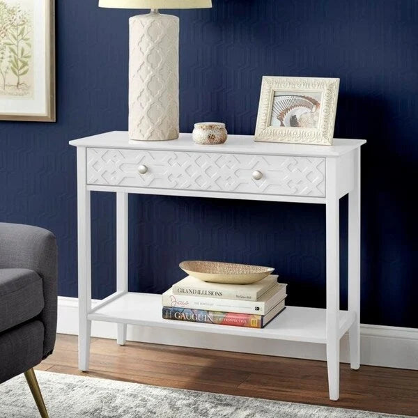 MDF Console Table with Geometric Drawer and Open Shelf – White / Blush Pink / Mint, 1-Unit