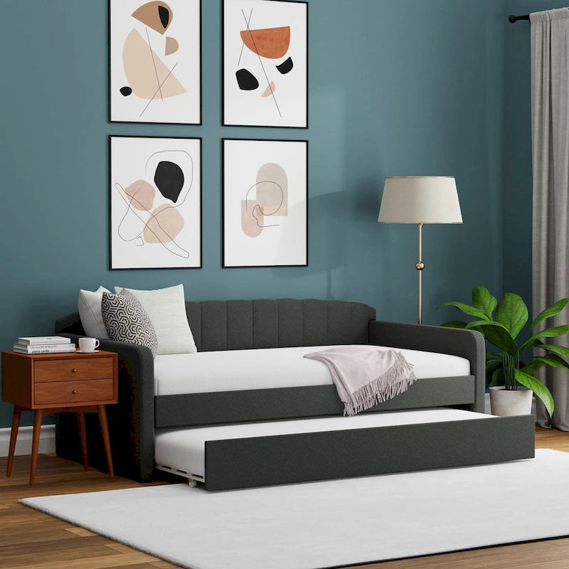 Scalloped Daybed with Roll-Out Trundle – Grey / Beige / Stone, 1–2 Person Use
