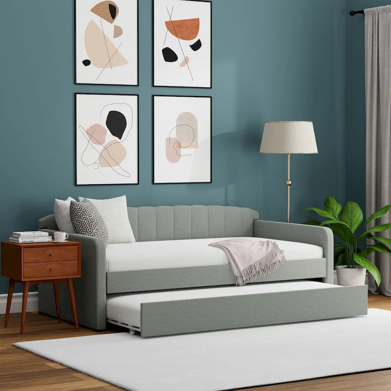 Scalloped Daybed with Roll-Out Trundle – Grey / Beige / Stone, 1–2 Person Use