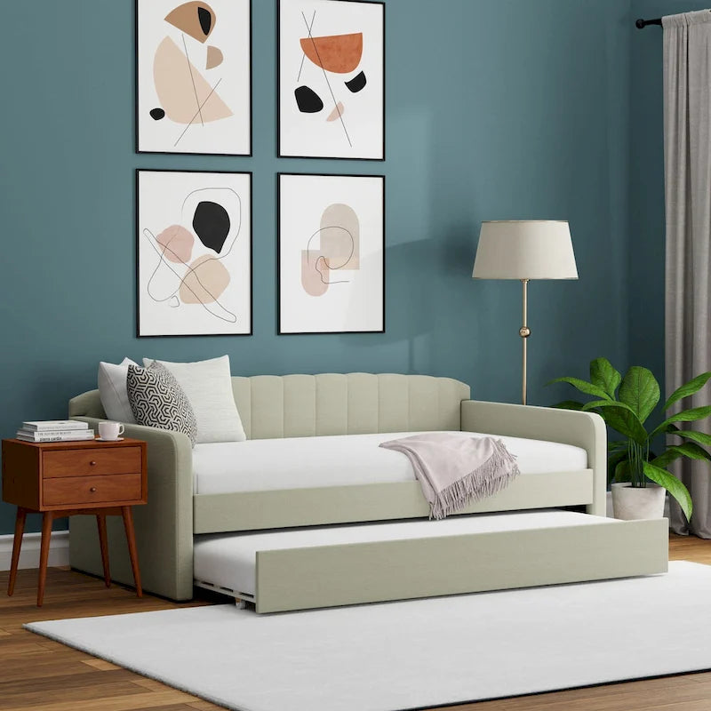 Scalloped Daybed with Roll-Out Trundle – Grey / Beige / Stone, 1–2 Person Use