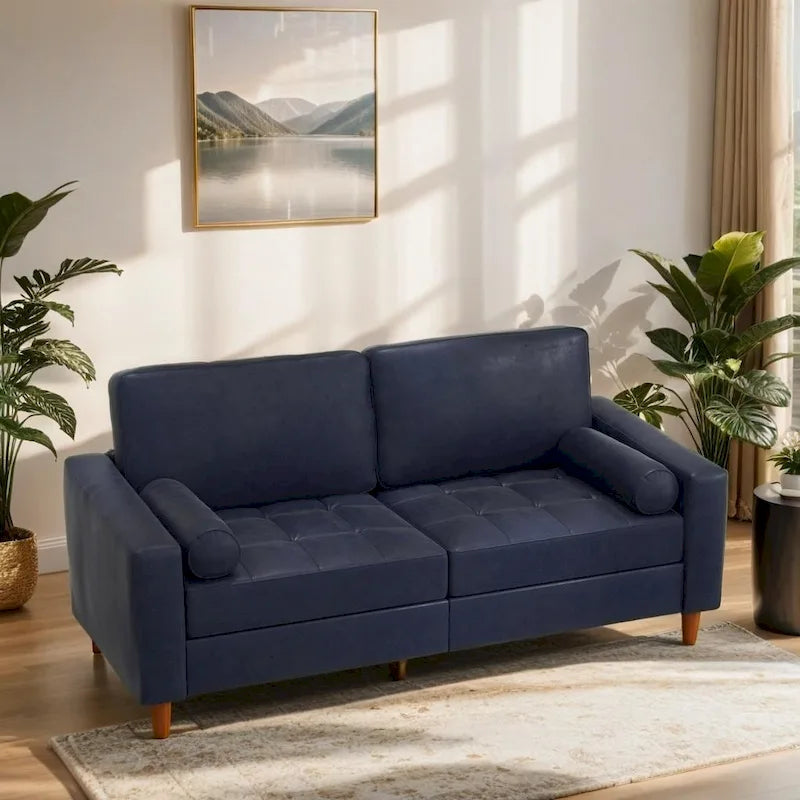 Mid-Century Faux Leather Sofa with Tapered Wood Legs and Bolster Pillows – Brown / Blue, 2-Person / 3-Person Use