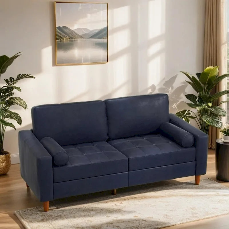 Mid-Century Faux Leather Sofa with Tapered Wood Legs and Bolster Pillows – Brown / Blue, 2-Person / 3-Person Use