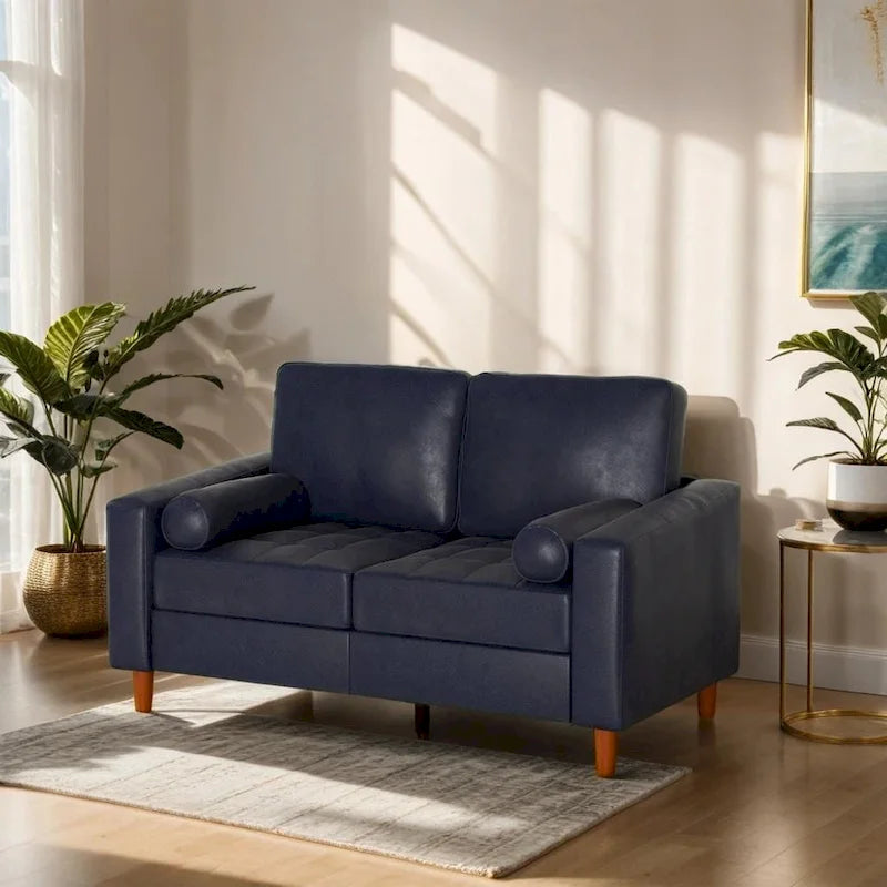 Mid-Century Faux Leather Sofa with Tapered Wood Legs and Bolster Pillows – Brown / Blue, 2-Person / 3-Person Use