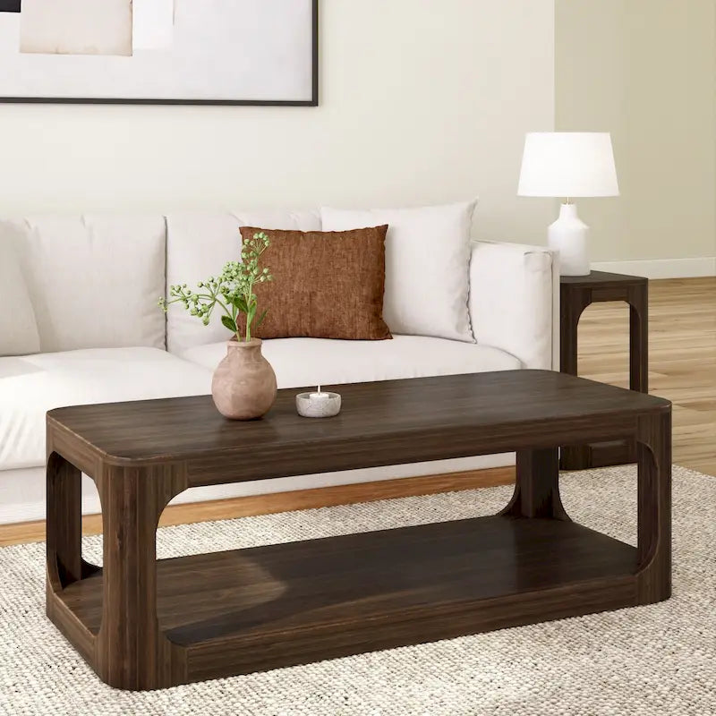 Solid Pine Wood Rectangular Coffee Table with Bottom Shelf – Pecan / Walnut, 1-Unit