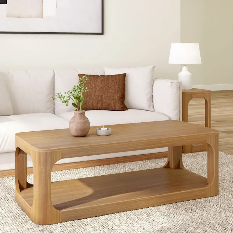 Solid Pine Wood Rectangular Coffee Table with Bottom Shelf – Pecan / Walnut, 1-Unit