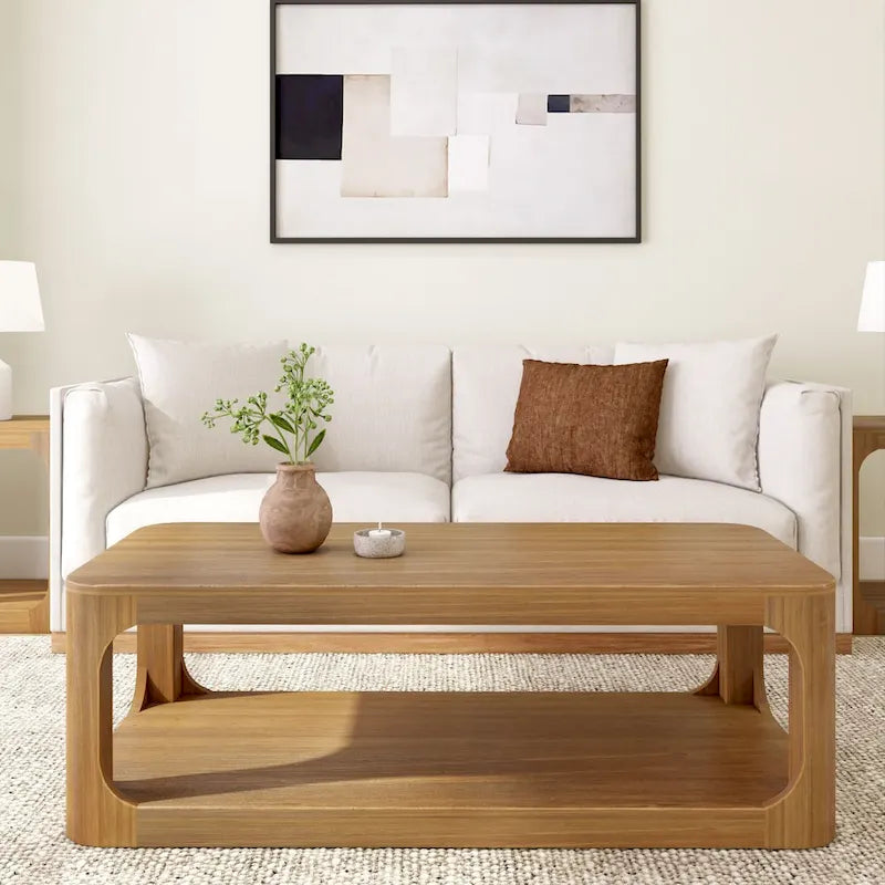 Solid Pine Wood Rectangular Coffee Table with Bottom Shelf – Pecan / Walnut, 1-Unit
