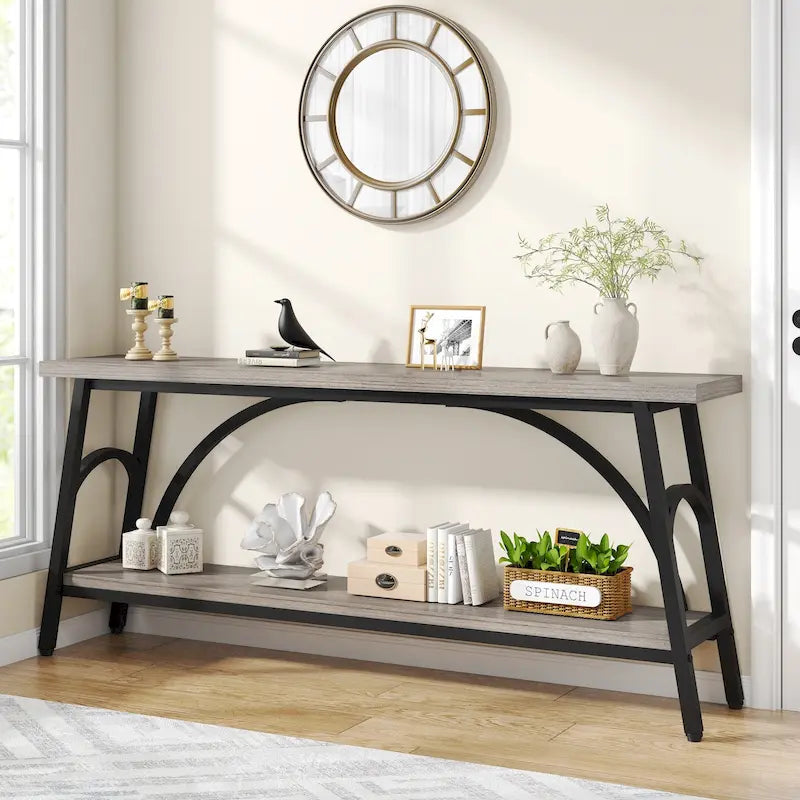 2-Tier Extra Long Console Table with Steel Frame – Rustic Brown+White / Grey+Black / Rustic Brown+Black / White, 1-Unit