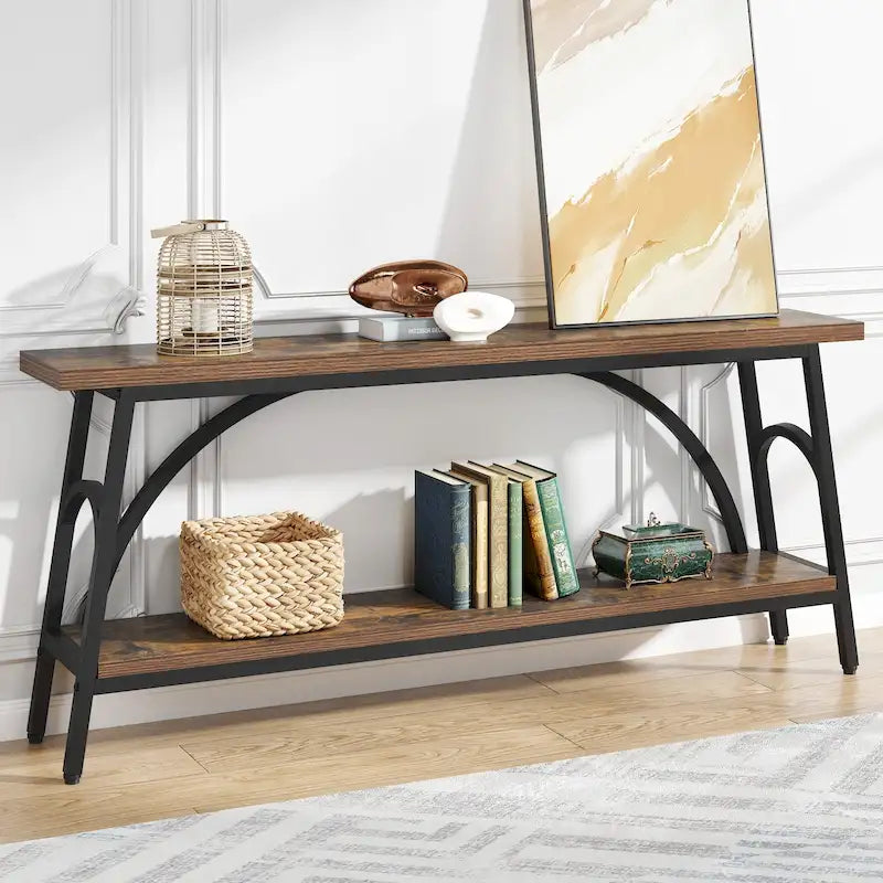 2-Tier Extra Long Console Table with Steel Frame – Rustic Brown+White / Grey+Black / Rustic Brown+Black / White, 1-Unit