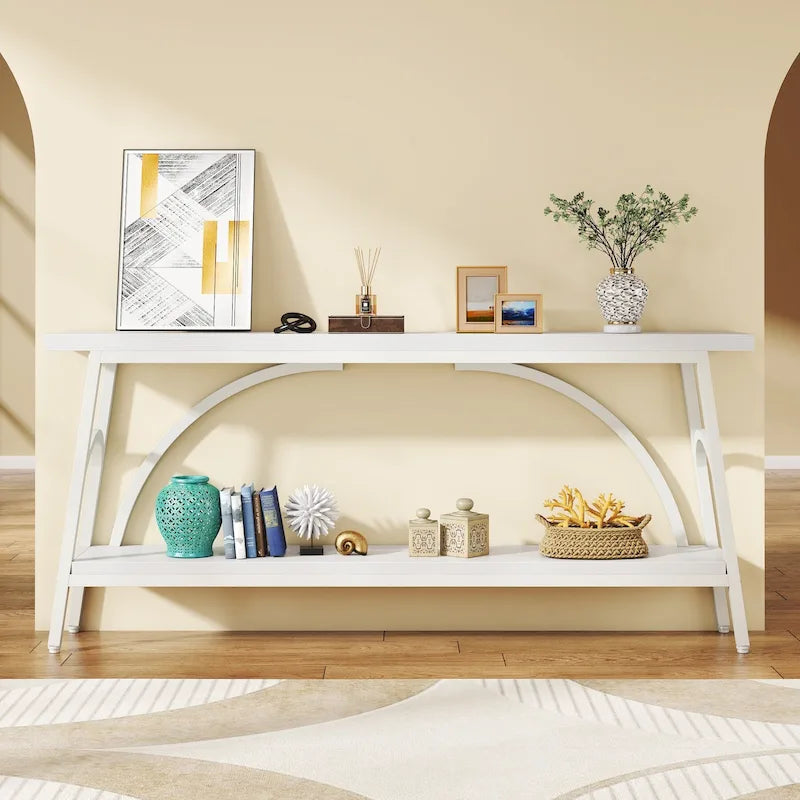 2-Tier Extra Long Console Table with Steel Frame – Rustic Brown+White / Grey+Black / Rustic Brown+Black / White, 1-Unit