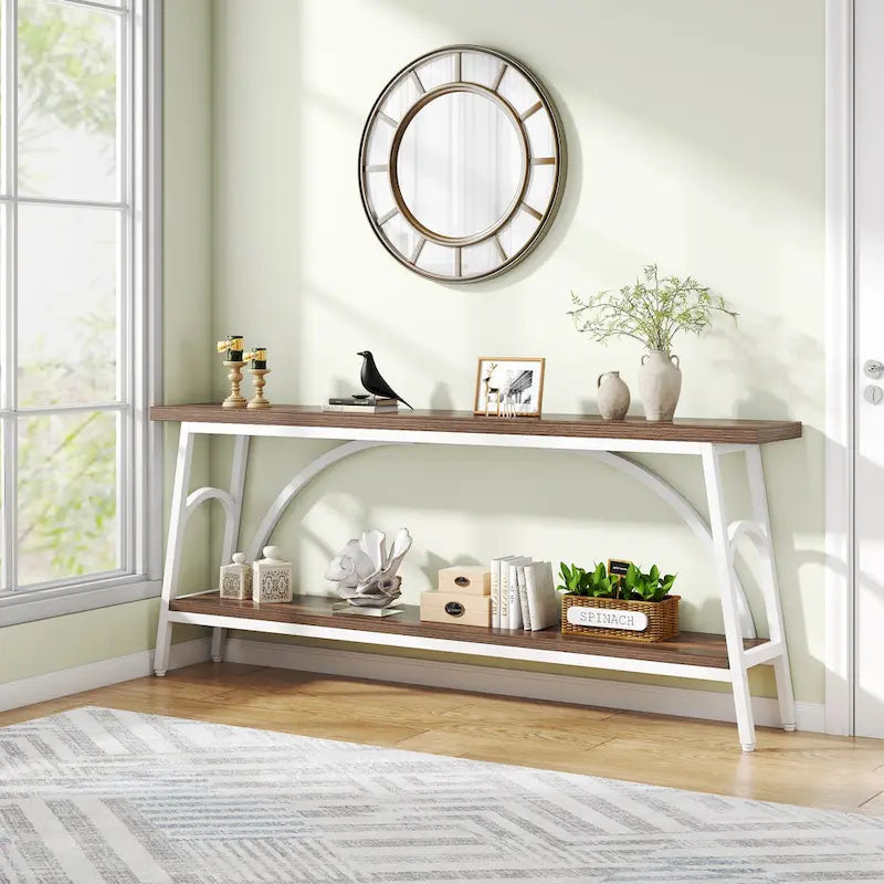 2-Tier Extra Long Console Table with Steel Frame – Rustic Brown+White / Grey+Black / Rustic Brown+Black / White, 1-Unit