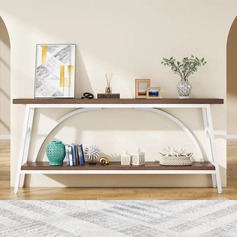 2-Tier Extra Long Console Table with Steel Frame – Rustic Brown+White / Grey+Black / Rustic Brown+Black / White, 1-Unit