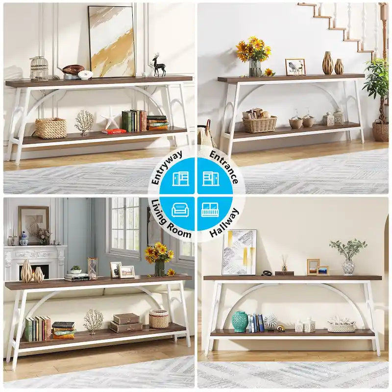 2-Tier Extra Long Console Table with Steel Frame – Rustic Brown+White / Grey+Black / Rustic Brown+Black / White, 1-Unit