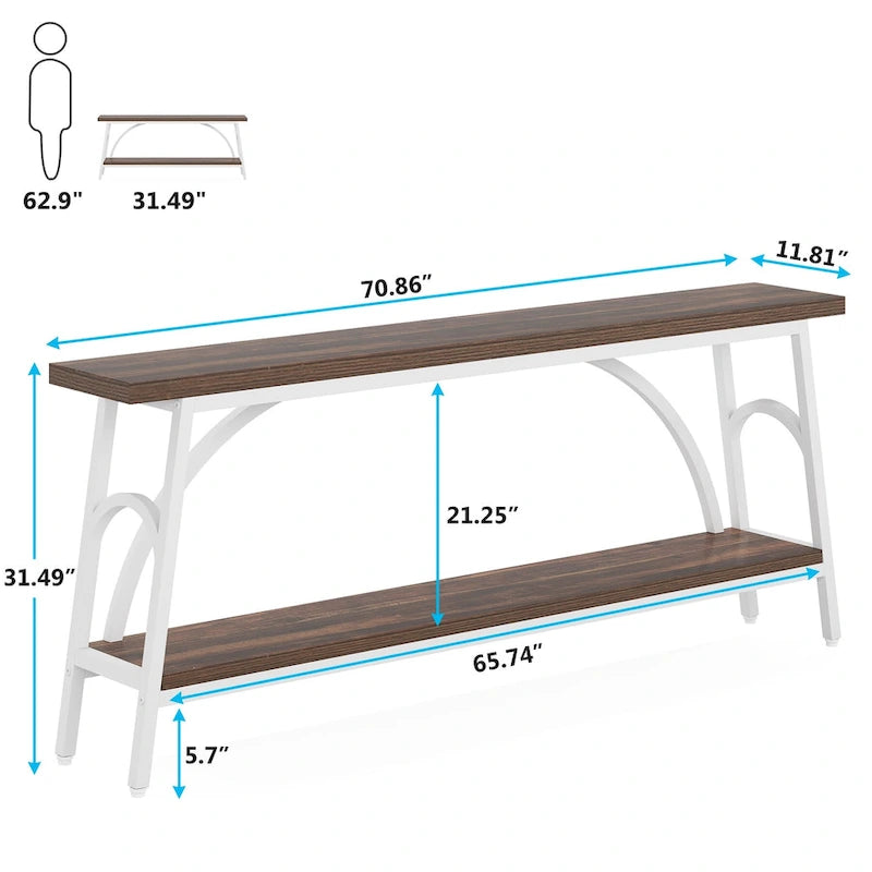 2-Tier Extra Long Console Table with Steel Frame – Rustic Brown+White / Grey+Black / Rustic Brown+Black / White, 1-Unit