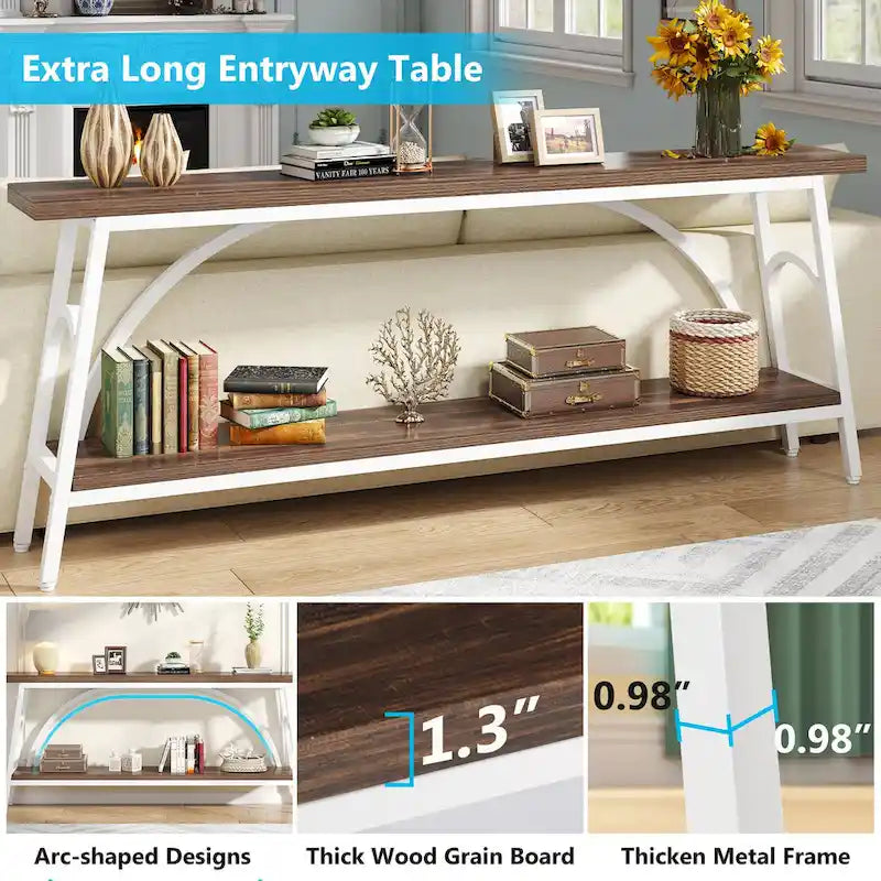 2-Tier Extra Long Console Table with Steel Frame – Rustic Brown+White / Grey+Black / Rustic Brown+Black / White, 1-Unit