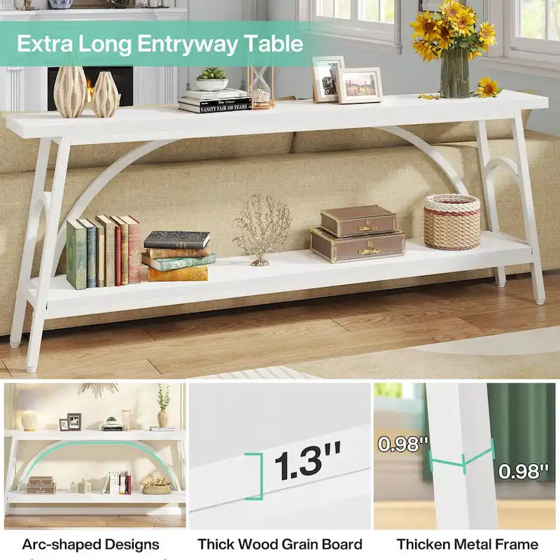 2-Tier Extra Long Console Table with Steel Frame – Rustic Brown+White / Grey+Black / Rustic Brown+Black / White, 1-Unit