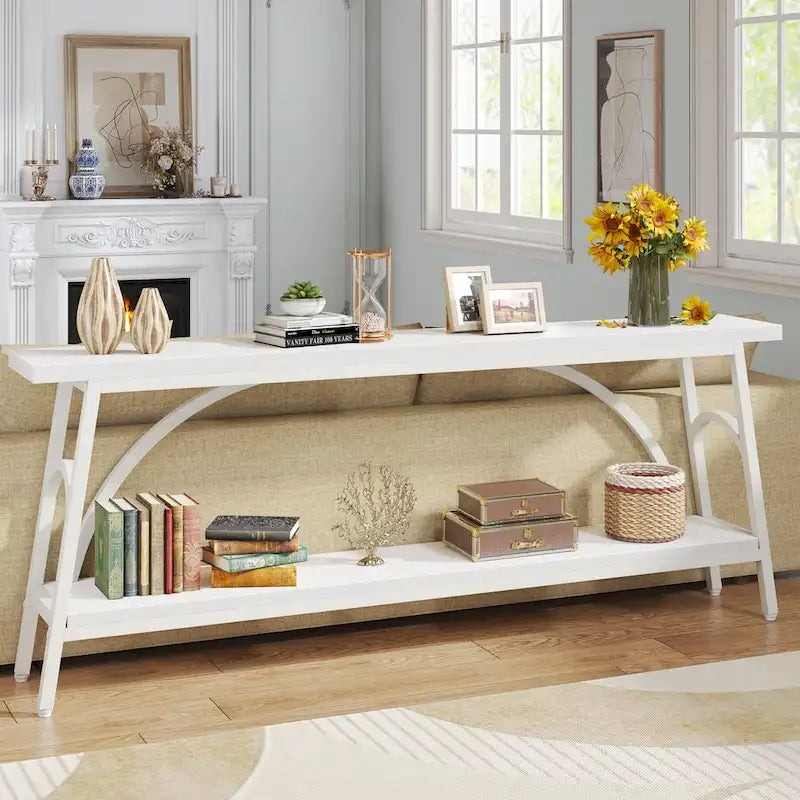 2-Tier Extra Long Console Table with Steel Frame – Rustic Brown+White / Grey+Black / Rustic Brown+Black / White, 1-Unit