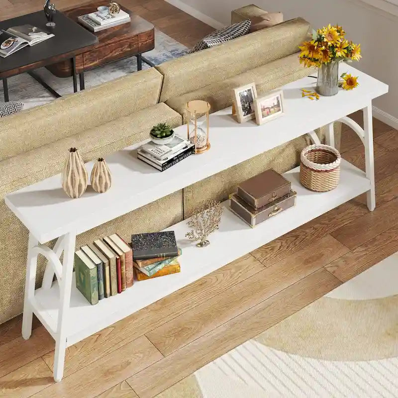 2-Tier Extra Long Console Table with Steel Frame – Rustic Brown+White / Grey+Black / Rustic Brown+Black / White, 1-Unit