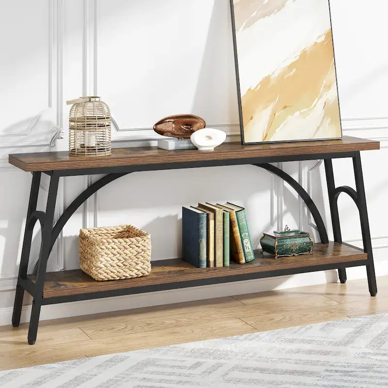 2-Tier Extra Long Console Table with Steel Frame – Rustic Brown+White / Grey+Black / Rustic Brown+Black / White, 1-Unit