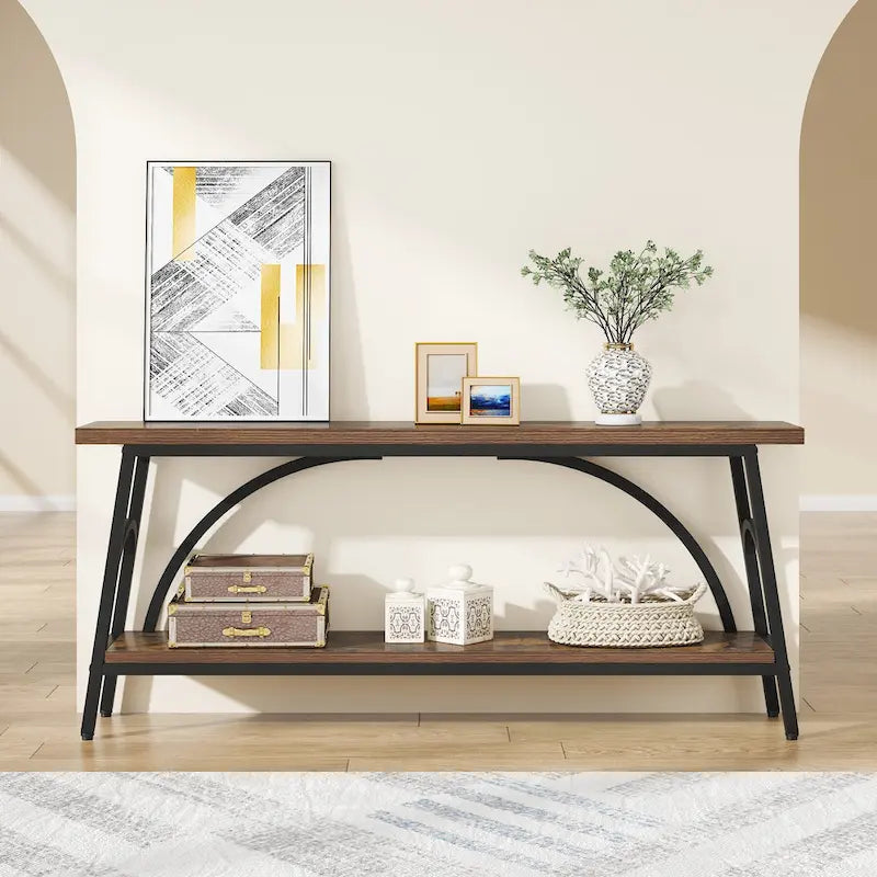 2-Tier Extra Long Console Table with Steel Frame – Rustic Brown+White / Grey+Black / Rustic Brown+Black / White, 1-Unit