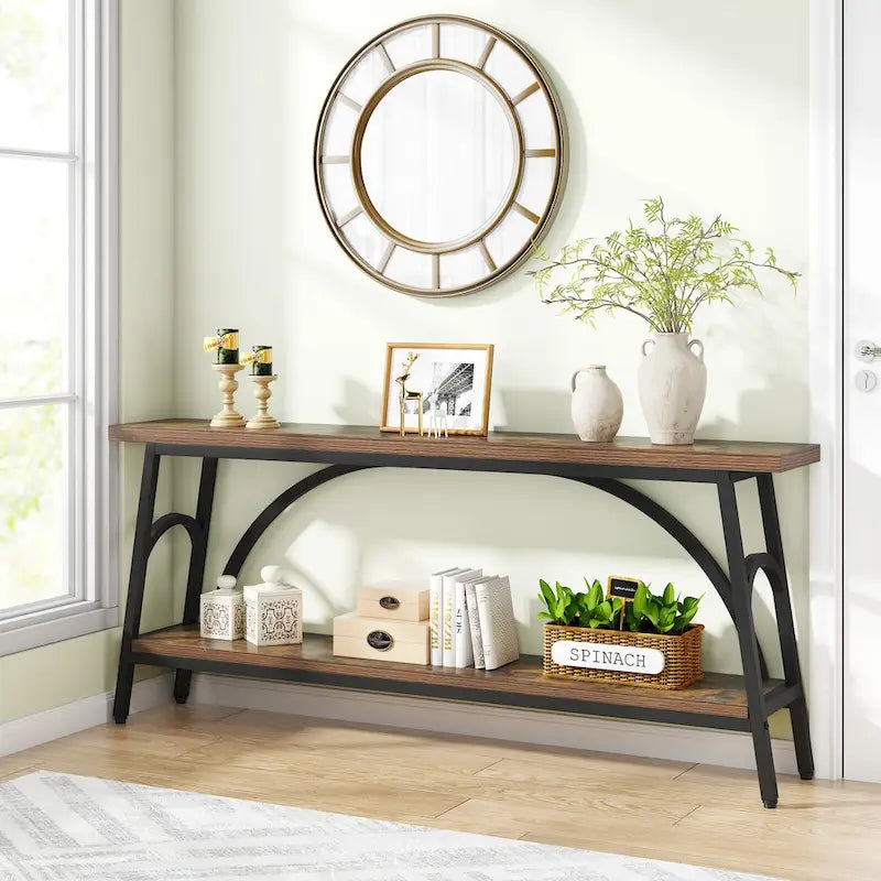 2-Tier Extra Long Console Table with Steel Frame – Rustic Brown+White / Grey+Black / Rustic Brown+Black / White, 1-Unit