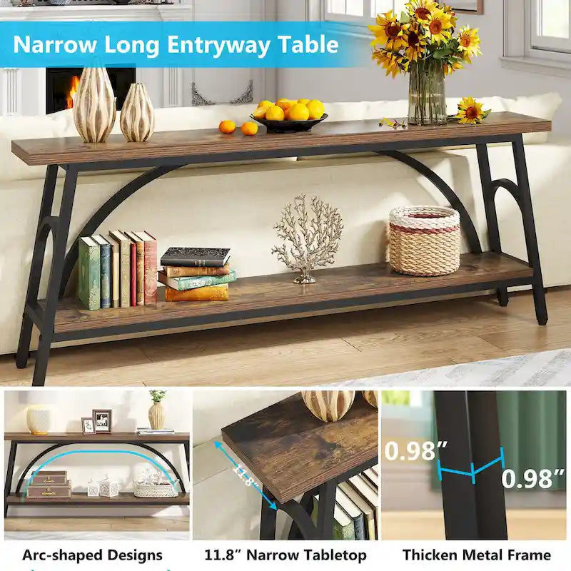 2-Tier Extra Long Console Table with Steel Frame – Rustic Brown+White / Grey+Black / Rustic Brown+Black / White, 1-Unit